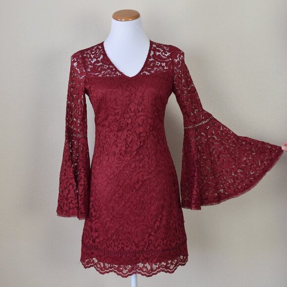 White House Black Market Dresses & Skirts - White House Black Market Burgundy Bell Sleeve Lace Dress - 4P